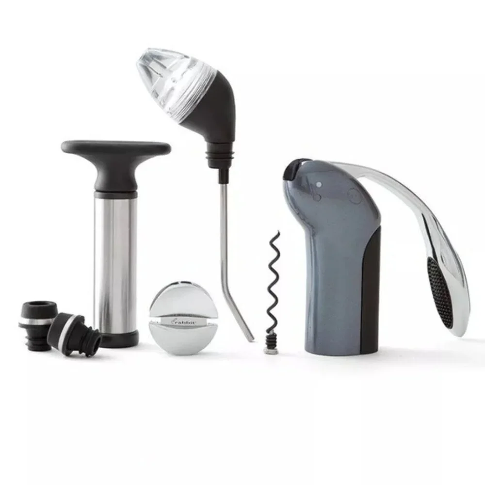 Rabbit 7-Piece Wine Bar Gift Set Manual Corkscrew Vacuum Pump Foil Cutter NIB